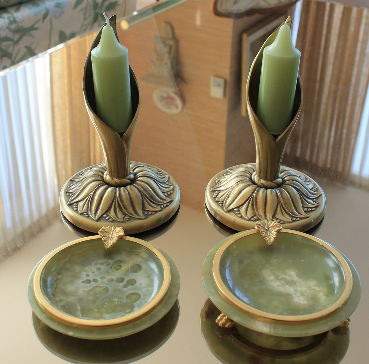 Green Onyx and Brass Candleholders and Ashtrays Lot