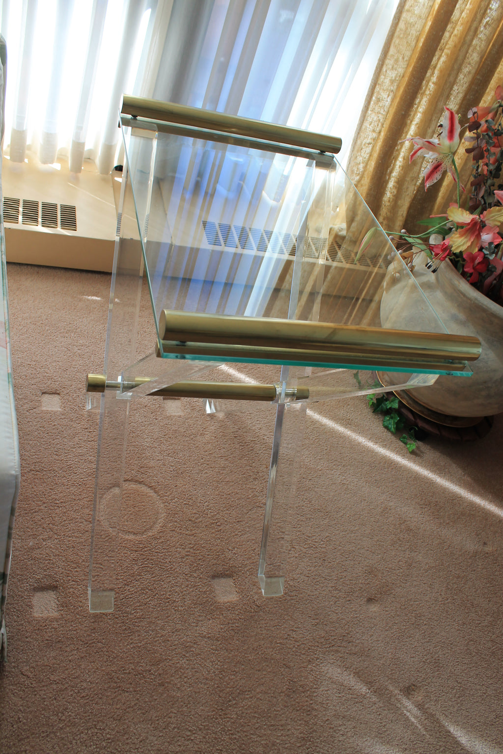 Vintage 1970's Glass-topped Acrylic and Brass Table
