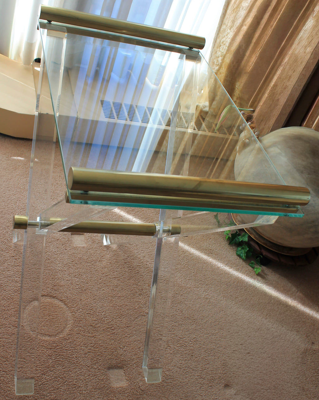 Vintage 1970's Glass-topped Acrylic and Brass Table