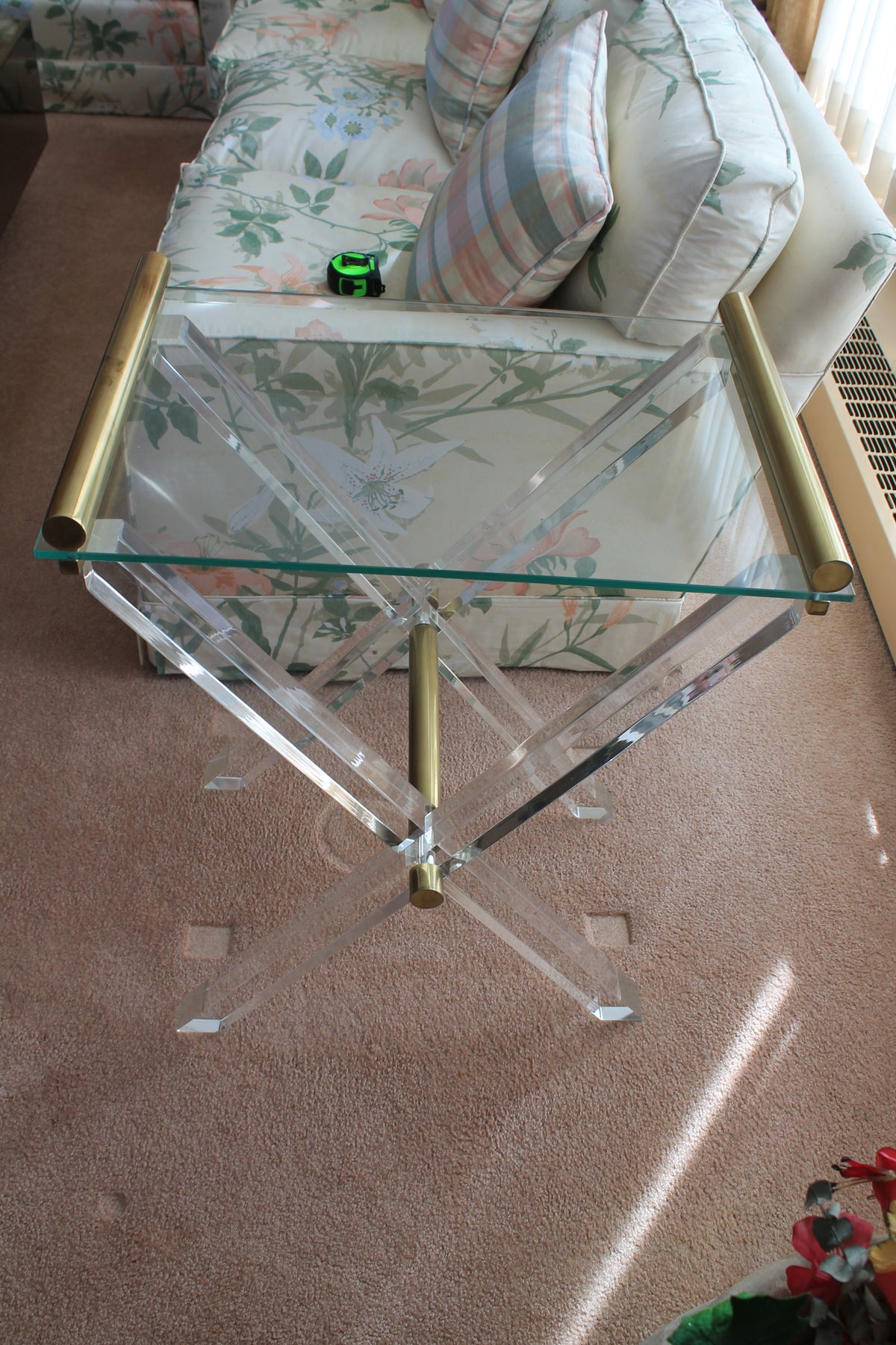 Vintage 1970's Glass-topped Acrylic and Brass Table