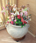 Earthenware Vase with Faux Flowers and Wood Base
