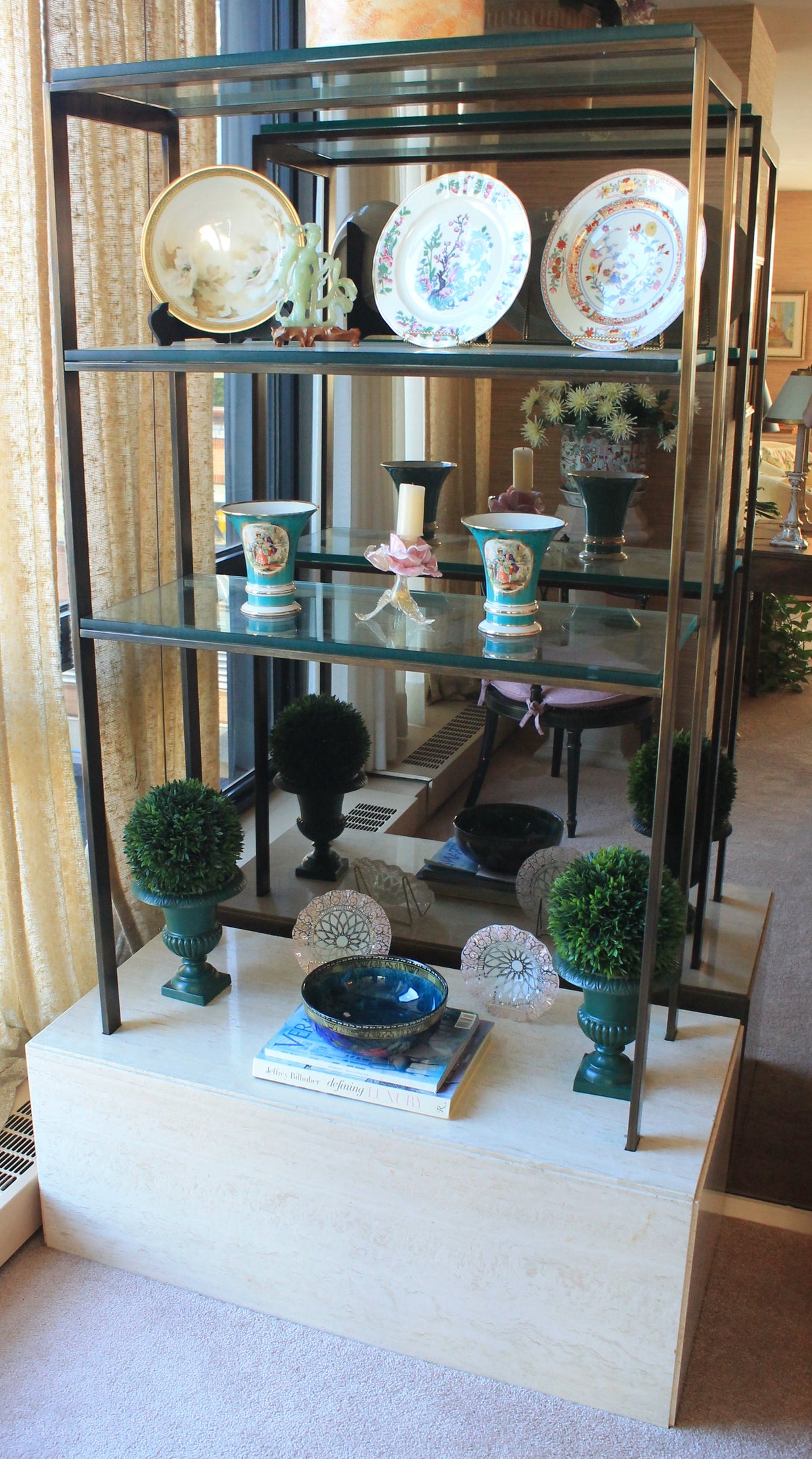Solid Travertine, Glass, and Brass Shelving Unit