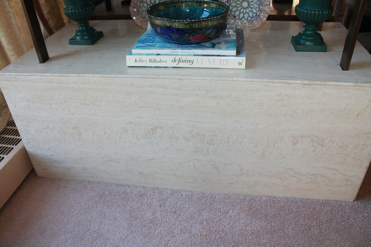 Solid Travertine, Glass, and Brass Shelving Unit