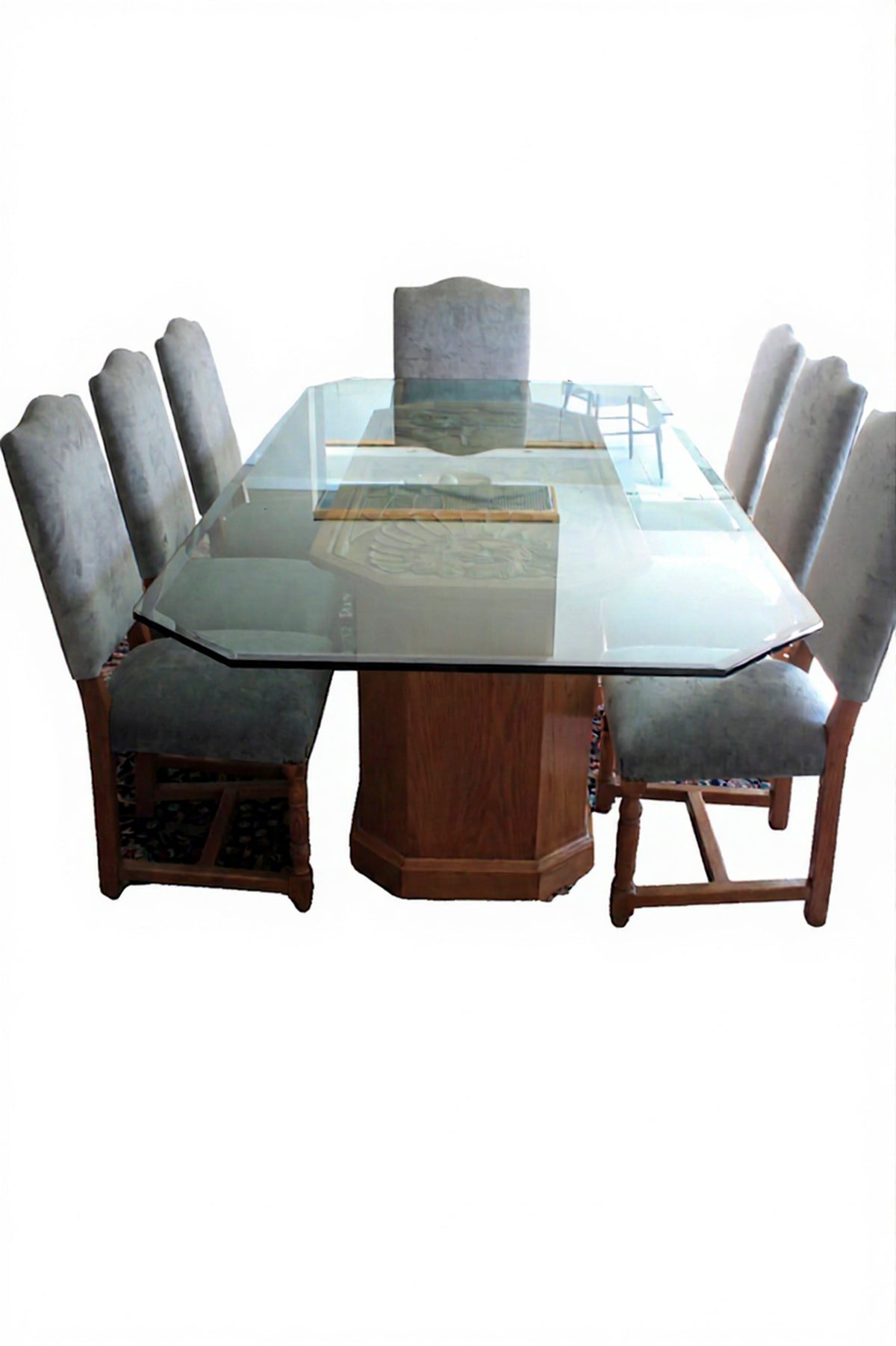 Hand-hewn Glass-topped Dining Set, 8-Seat